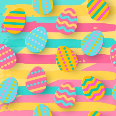 Paskalya yumurtası kağıt Dikişsiz desen stili kesti. Cute yumurta Hunt tebrik kartı katmanlı. Geometrik tatil renkli zemin, kağıt. Festival afişleri, şal, satışı, makale ekleme, web