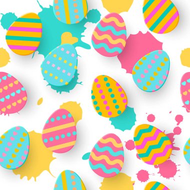 Paskalya yumurtası kağıt Dikişsiz desen stili kesti. Cute yumurta Hunt tebrik kartı katmanlı. Geometrik tatil renkli zemin, kağıt. Festival afişleri, şal, satışı, makale ekleme, web