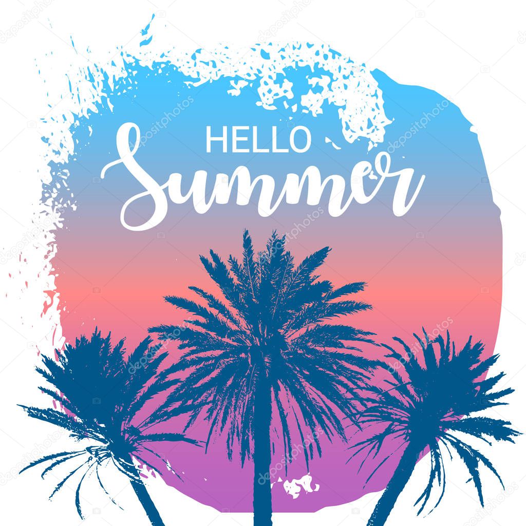 Hello Summer message. Hand drawn palm trees with a circle shape