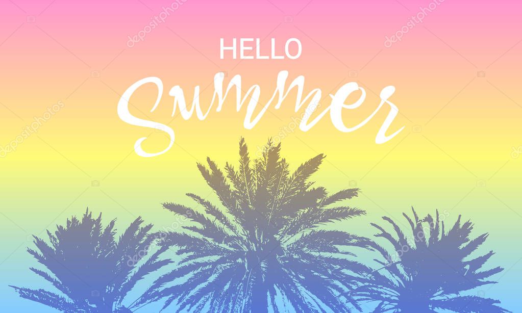 Hello Summer Lettering Hand Drawn Palm Trees Horizontal Gradient Banner Concept Design For Tshirt Print Party Sunset Or Sunrise With Ink Palms Tropical Summer Place For Text Vector Illustration Premium Vector