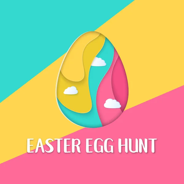 Easter Egg Hunt banner com letras e nuvens. Papel em camadas cortar ovos. Feriados geométricos bonito fundo colorido. Cartão de Páscoa alegre, banner de venda, voucher, artigo, web . — Vetor de Stock