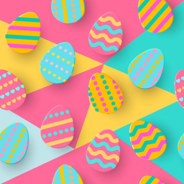 Paskalya yumurtası kağıt Dikişsiz desen stili kesti. Cute yumurta Hunt tebrik kartı katmanlı. Geometrik tatil renkli zemin, kağıt. Festival afişleri, şal, satışı, makale ekleme, web