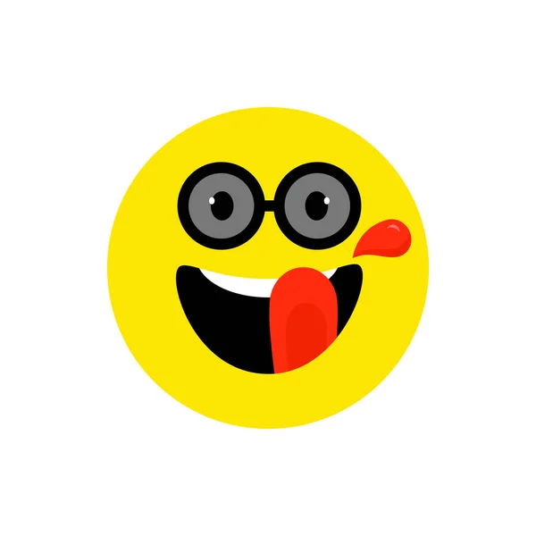 Χαρούμενο πρόσωπο χαμογελά emoji με ανοιχτό το στόμα και γυαλιά ηλίου. Αστείο χαμόγελο επίπεδη tyle. Χαριτωμένη φατσούλα σύμβολο. Smiley, γέλιο εικονίδιο. Για την εφαρμογή messenger. Παιχνιδιάρικο, πεινασμένοι κινουμένων σχεδίων avatar σε λευκό. — Διανυσματικό Αρχείο