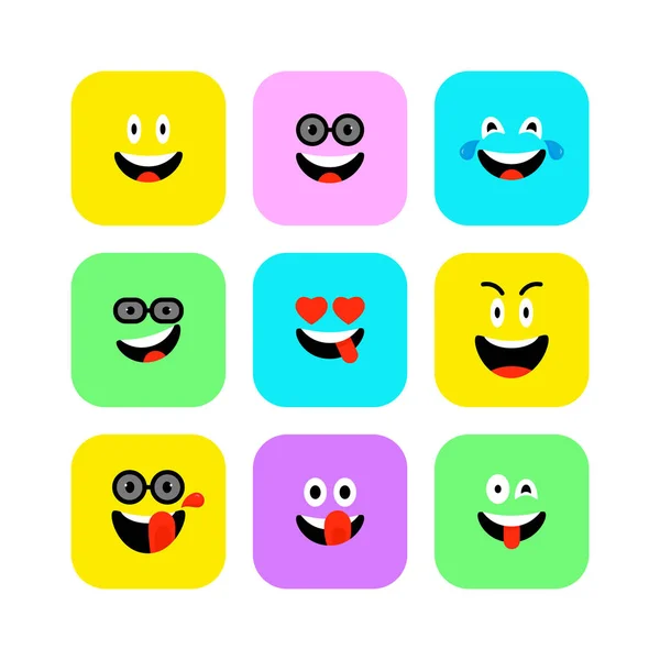 Happy Emojis ikony Set. Emotikony pro Světový den úsměv. Veselá, Lol, užívat si tváře. Barevné úsměvy pro aplikaci, Posel. Expresivní avatar. — Stockový vektor