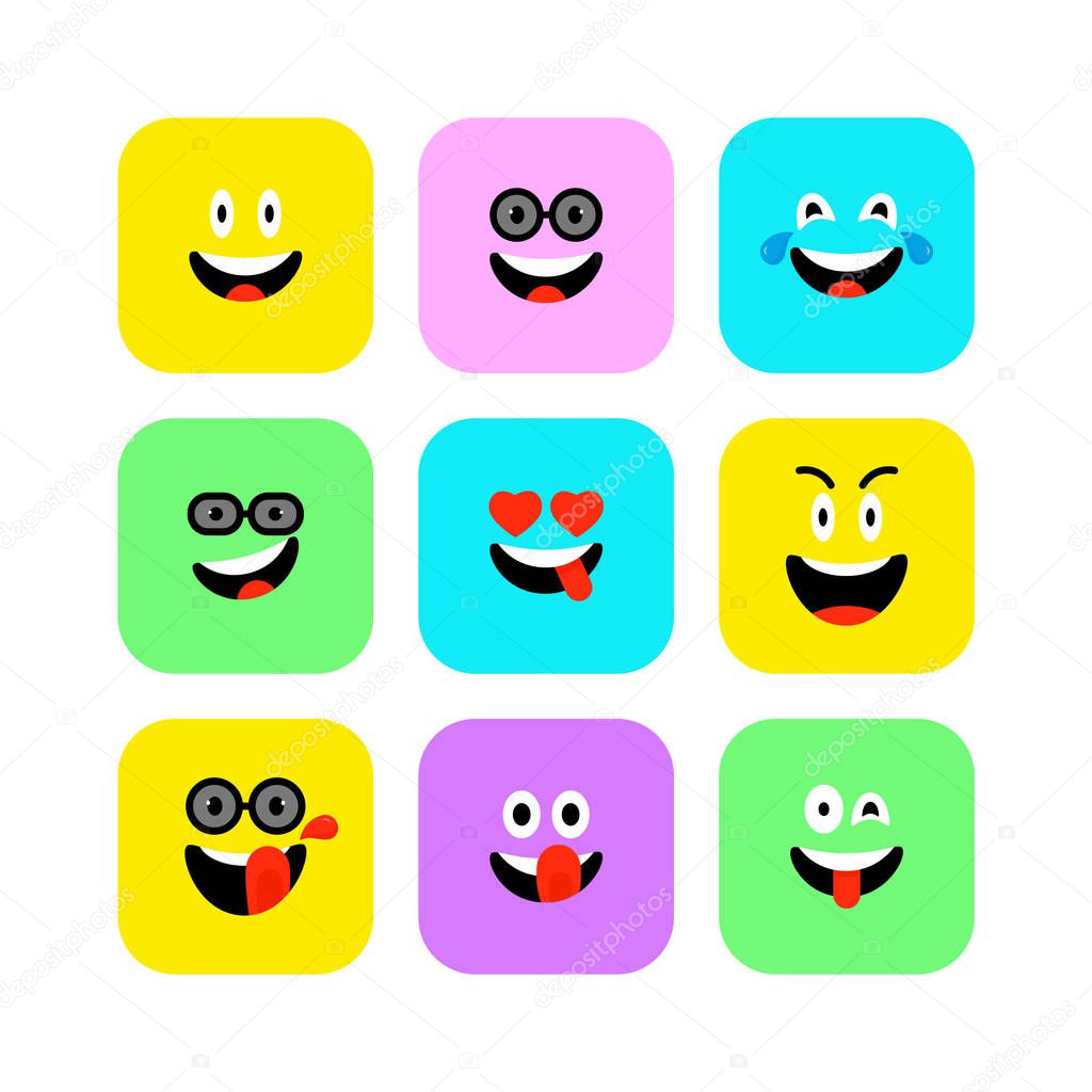 Happy Emojis icons Set. Emoticons to World Smile Day. Cheerful, Lol, Enjoying Faces. Color Smiles for app, messenger. Expressive avatar.