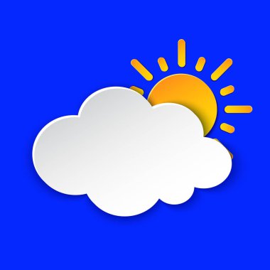 Güneşli gün hava bilgi simgesi tahmin. Sarı güneş sembolü kağıdı tarzı mavi kesin. İklim hava öğesi. Metcast Wf rapor işareti, meteo mobil uygulaması, iş, web için trendy düğmesi.