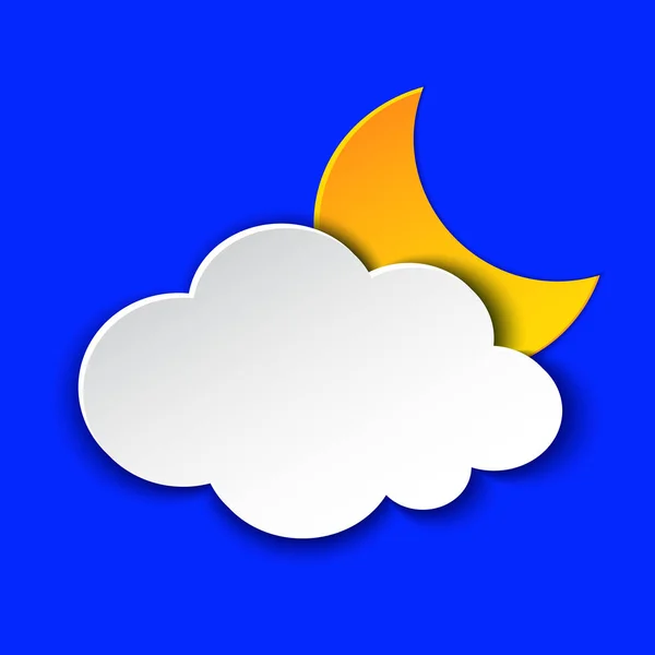 Cloudy Night Weather forecast info icon. Cloud and Moon symbol paper cut style on blue. Climate weather element. Trendy button for Metcast WF report mark, meteo mobile app, web.