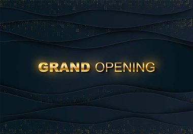 Büyük açılış afiş. Altın noktalı resim, metin. İş başlangıç töreni düzeni, olay etiket. Mavi wvy katman, ışıltılı p.kodu, ışıltı. Duyuru kart