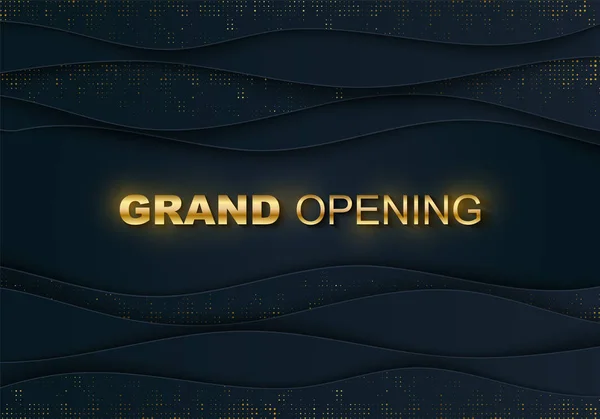 GRAND OPENING banner. Gold halftone, text. Business startup ceremony layout, event label. Blue wvy layer, glittering strass, sparkle. Announcement card