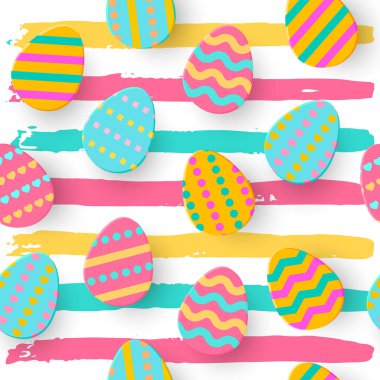 Paskalya yumurtası kağıt Dikişsiz desen stili kesti. Cute yumurta Hunt tebrik kartı katmanlı. Geometrik tatil renkli zemin, kağıt. Festival afişleri, şal, satışı, makale ekleme, web