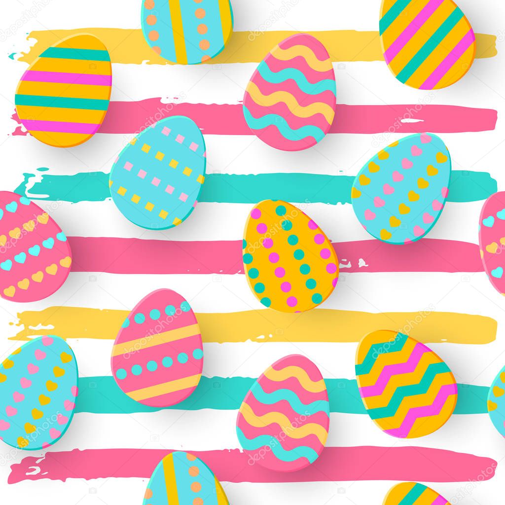 Seamless pattern of Easter Egg Paper cut style. Cute layered Eggs Hunt greeting card. Geometric holiday colorful backdrop, papercut. Festive posters, wrap, sale, article, add, web