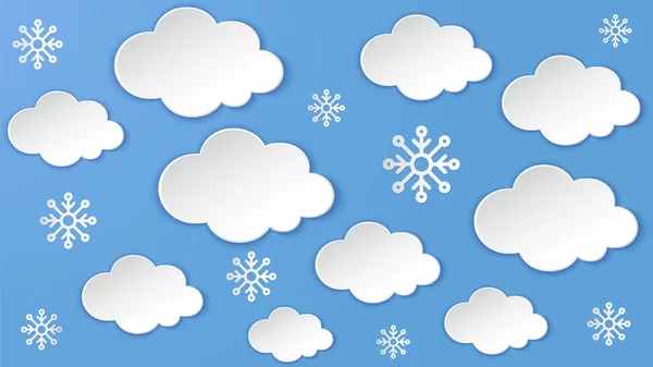 Tájkép Cloud, hópehely az éjszakai égbolt keretben. Heves havazás, téli szezon. Papír vágott rakott művészet, digitális origami kézműves. Borús ég felhős jelenet. — Stock Vector