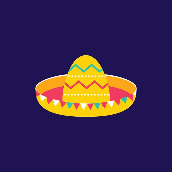 Icono sombrero estilo plano. Festival del Cinco de Mayo en México. Símbolo étnico artesanal tradicional para el desfile mexicano. Aislado sobre fondo azul — Vector de stock
