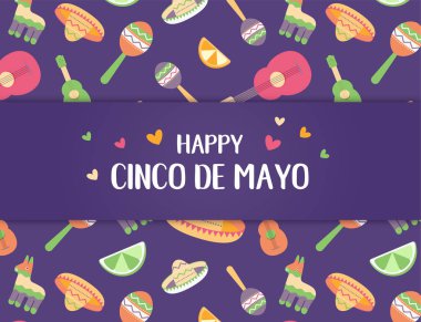 Cinco de Mayo Meksika şenlikli afiş. Meksika kültür sembolleri toplama maracas, pinata, jalapeno, meyve, sombrero, gitar Yatay kart. Cinco de Mayo web başlığı.