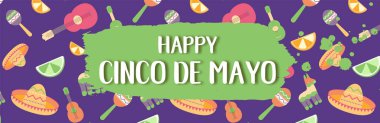 Cinco de Mayo Meksika Festival afiş. Meksika kültürünün yatay kart Semboller Koleksiyonu: marakas, piñata, jalapeno, meyve, fötr şapka, kaktüs, gitar. Cinco de Mayo web başlık.