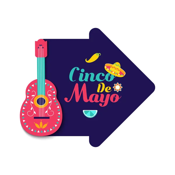 Cinco de Mayo Bandera festiva mexicana. Cartel de la cultura latina símbolo guitarra, sombrero, frutas, chile. Cinco de Mayo papel Fiesta card — Vector de stock