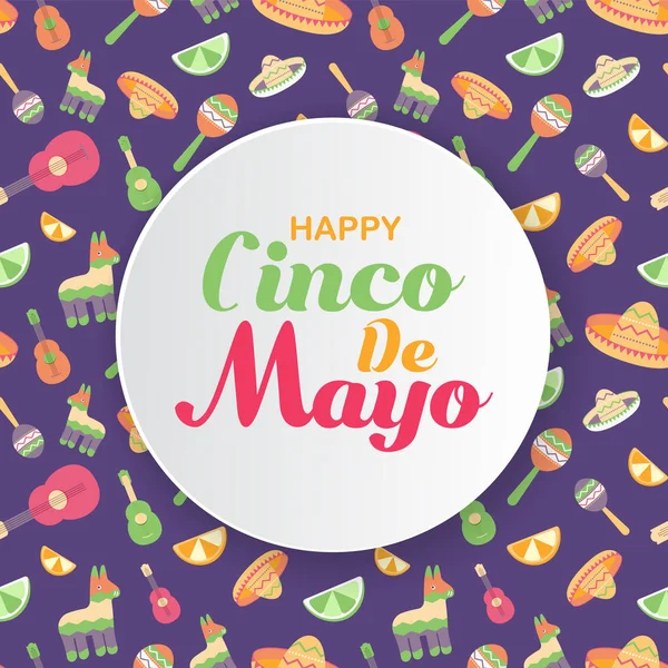 Cinco de Mayo Meksika şenlikli afiş. Meksika kültür sembolleri toplama maracas, pinata, jalapeno, meyve, sombrero, gitar Yatay kart. Cinco de Mayo web başlığı.