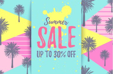 El çizilmiş palmiye ağaçlarıdesen ile 30 Kapalı kart kadar Yaz İndirimi. Retro tropik pazarlık satışı. Mevsimlik reklam için yatay indirim afişi. Anlaşma afişi.