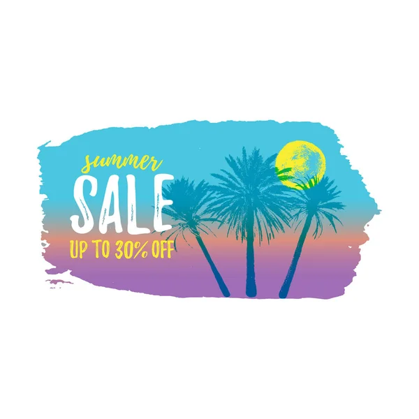 VENTA DE VERANO de hasta 30 tarjetas OFF con palmera. Venta de gangas retro tropicales. Cartel de descuento horizontal para anuncios de temporada. Trato de banner . — Archivo Imágenes Vectoriales