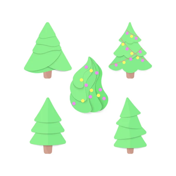 Set of Cartoon Christmas trees paper cut craft . Xmas tree element for postcard, landscape, web, banner, poster, sticker, tag. — Stock Vector