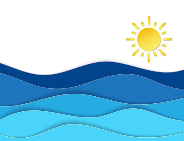 Calm Sea view in Summer time with Sunny Weather info icon. Morning Sunrise. 3D Layered Paper Cut out Water Waves. Craft banner. — Stock Vector
