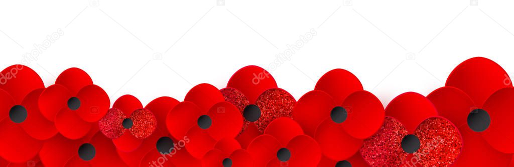 Remembrance Day web header. Realistic Red Poppy flower - International symbol of peace. Memorial banner, card.