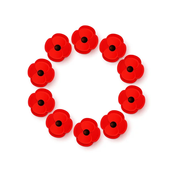 Remembrance Day Poppy krans met een plaats voor tekst. Heldere Poppy bloem symbool van vrede. Opdat we niet vergeten. — Stockvector