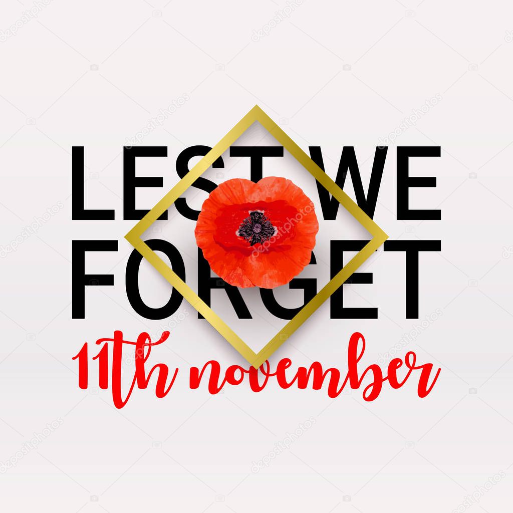 Remembrance Day Poppy banner, card. Lest We Forget quote. 11th November date.