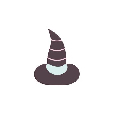 Eğri Cadı Şapkası Cadılar Bayramı simgesi kağıt düz kesim, çizgi film işareti. Beyaz üzerine izole edilmiş şirin geleneksel Cadılar Bayramı sembolü. Kartlar, mevsimlik posterler, broşürler, kartpostallar için..