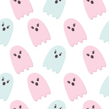 Cadılar Bayramı Uçan Hayaletlerin Kusursuz Şablonu. Tatlı çocuk odası duvar kâğıdı, çocuk arka planı, kart. Pastel renkler, beyazda izole edilmiş çizgi film karakterini korkuttu. Yazdırılabilir düz biçim