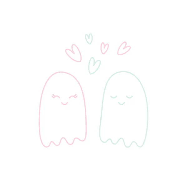 Söt kort av spöken i kärlek. Halloween Ghost karaktär linje stil. Pastellfärgsikonen. Symbol för Halloween isolerad på vitt. Gratulationskort, klistermärke, inbjudan. Tryckbart — Stock vektor