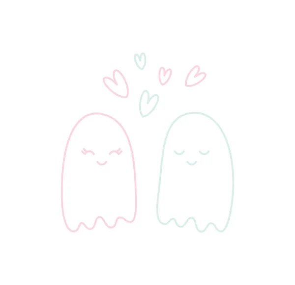 Cute card of Ghosts in Love. Halloween Ghost character line style. Pastel color icon. Symbol of Halloween isolated on white. Greeting card, pastcard, sticker, invitation. Printable — ストックベクタ