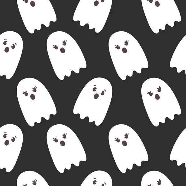 "Halloween Seamless Pattern of Flying Ghosts". Симпатичные обои в детской, детское окружение, открытка. Пастельные цвета напугали персонажа мультфильма, изолированного на белом. Печатный плоский стиль — стоковый вектор