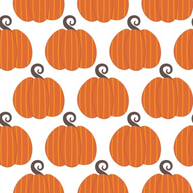 Cadılar Bayramı Şükran Günü Balkabağı Tertemiz deseni beyazda izole edilmiş. Çizgi film tarzı. Hoş bir sonbahar duvar kağıdı, moda tasarımı, tişört baskısı, çocuk odası arka planı. Yazdırılabilir düz çizgi biçimi