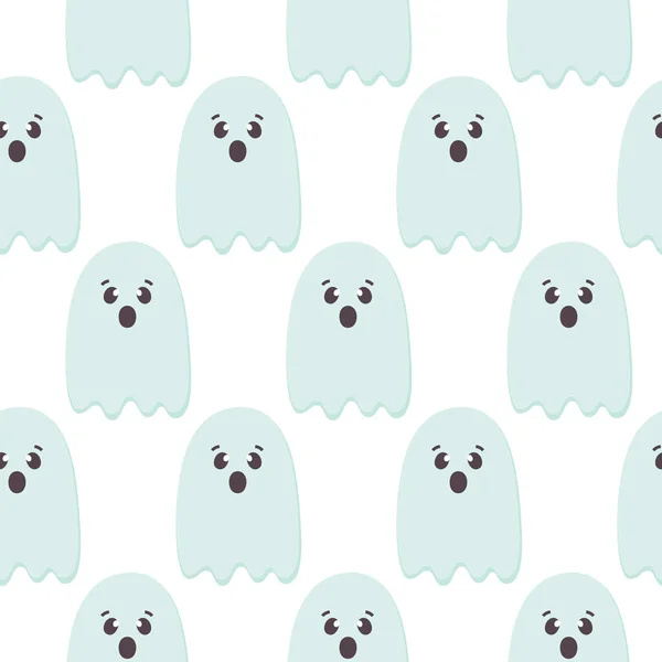 Halloween sem costura padrão de fantasmas voadores. Papel de parede bonito quarto de berçário, fundo crianças, cartão. Cores pastel assustado personagem dos desenhos animados isolado no branco. Estilo plano imprimível —  Vetores de Stock