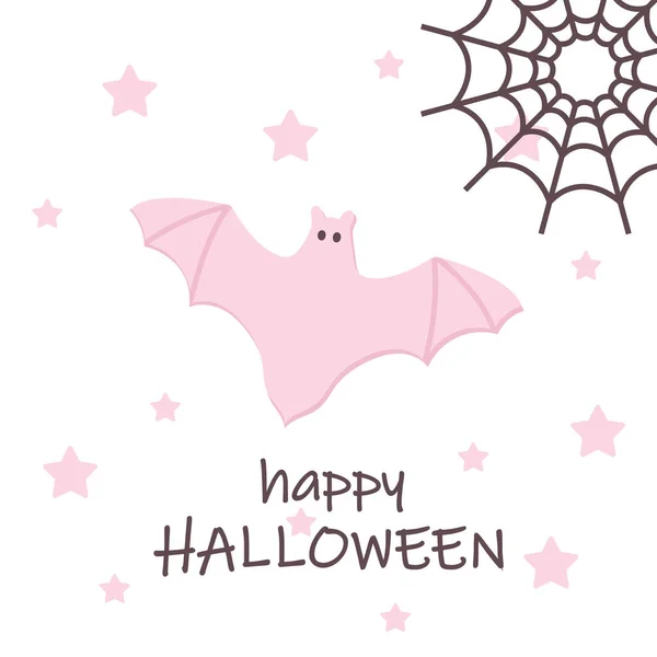 Cute Happy Halloween holiday poster with Pink Flying Bat, Spiderweb icons flat style isolated on white. Greeting text. Pink color Cartoon character. Printable — Stock Illustration Cute Happy Halloween holiday poster with Pink Flying Bat, Spiderweb icons flat style isolated on white. Greeting text. Pink color Cartoon character. Printable Stock Illustration