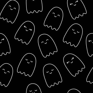 Cadılar Bayramı Uçan Hayaletlerin Kusursuz Şablonu. Tatlı çocuk odası duvar kâğıdı, çocuk arka planı, kart. Pastel renkler, beyazda izole edilmiş çizgi film karakterini korkuttu. Yazdırılabilir satır biçimi