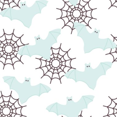 Cadılar Bayramı Uçan Yarasaların Kusursuz Örümcekağı ikonu. Şirin çocuk odası duvar kağıdı, çerçeve, kart. Pastel renkler, beyazda izole edilmiş çizgi film karakterini korkuttu. Yazdırılabilir düz biçim