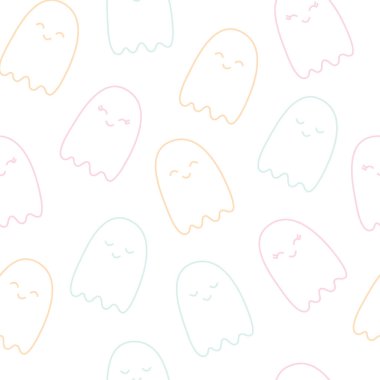 Cadılar Bayramı Uçan Hayaletlerin Kusursuz Şablonu. Tatlı çocuk odası duvar kâğıdı, çocuk arka planı, kart. Pastel renkler, beyazda izole edilmiş çizgi film karakterini korkuttu. Yazdırılabilir satır biçimi