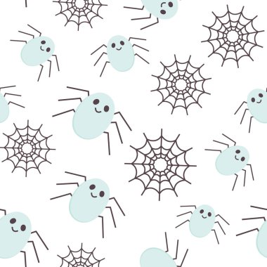 Örümceklerin ve Örümcek Ağı simgelerinin Kusursuz Cadılar Bayramı Şablonu. Şirin çocuk odası duvar kağıdı, çerçeve, kart. Pastel renkler, beyazda izole edilmiş çizgi film karakterini korkuttu. Yazdırılabilir