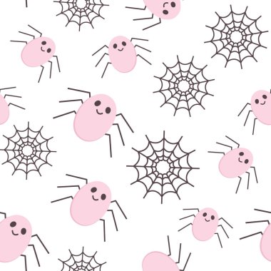 Örümceklerin ve Örümcek Ağı simgelerinin Kusursuz Cadılar Bayramı Şablonu. Şirin çocuk odası duvar kağıdı, çerçeve, kart. Pastel renkler, beyazda izole edilmiş çizgi film karakterini korkuttu. Yazdırılabilir