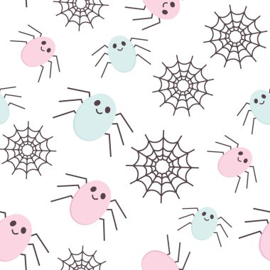 Örümceklerin ve Örümcek Ağı simgelerinin Kusursuz Cadılar Bayramı Şablonu. Şirin çocuk odası duvar kağıdı, çerçeve, kart. Pastel renkler, beyazda izole edilmiş çizgi film karakterini korkuttu. Yazdırılabilir