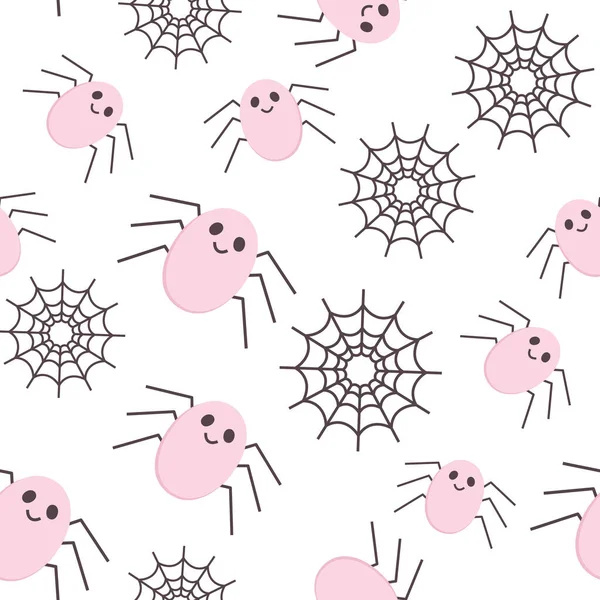 Örümceklerin ve Örümcek Ağı simgelerinin Kusursuz Cadılar Bayramı Şablonu. Şirin çocuk odası duvar kağıdı, çerçeve, kart. Pastel renkler, beyazda izole edilmiş çizgi film karakterini korkuttu. Yazdırılabilir