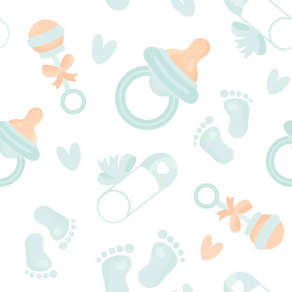 Patrón sin costuras de los iconos planos de Baby Shower. Es un marco de chica. Rosa elementos de dibujos animados para las niñas vivero. Cubierta de repetición de baño de bebé lindo para textiles, papel pintado, diseño de paquete imprimible . — Vector de stock