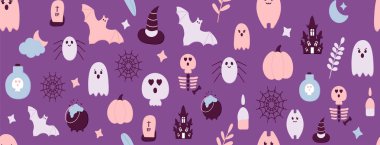 Cadılar Bayramı Kusursuz Düz Kağıt Şablonu gece parti ikonlarını kesiyor. Korkunç hayalet, balkabağı, perili ev, yarasa, mezar, kafatası, iskelet, örümcek ağı. Sevimli afiş, ağ başlığı.