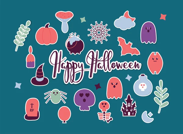 Bandiera di Halloween vettoriale con icone di festa in stile piatto. Buon Halloween Lettering. Fantasma spaventato, zucca, casa infestata, pipistrello, tomba, cranio, scheletro, rete di ragni . — Vettoriale Stock