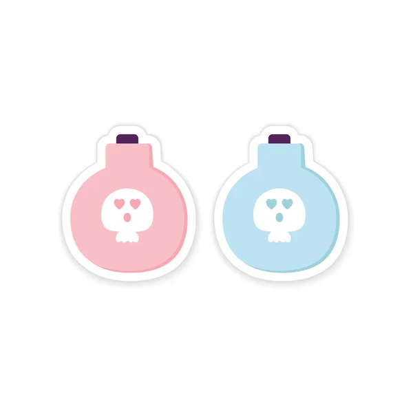 Etiqueta engomada de la botella de la poción llena con un veneno y cráneo. Símbolo tradicional de Halloween aislado en blanco. Pink Blue Personaje de dibujos animados. Tarjetas de vacaciones, apliques, web. Estilo plano imprimible . — Vector de stock