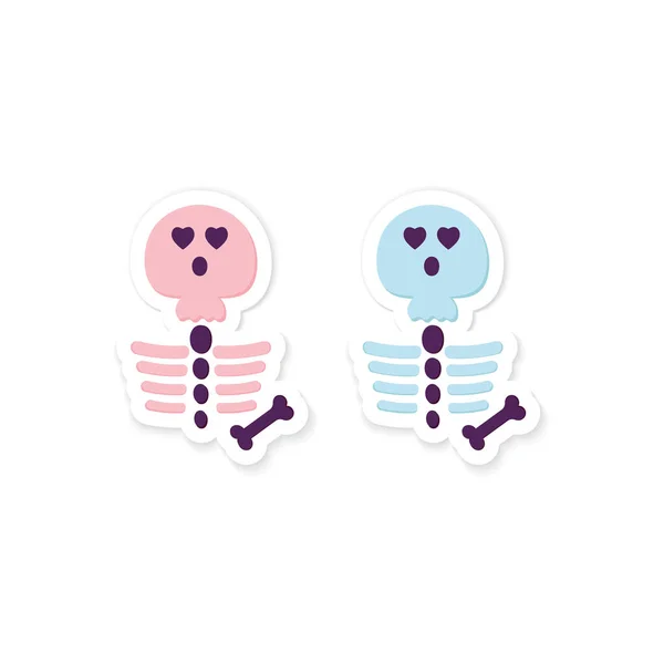 Cute Halloween Skeleton Adesivos ícone plana isolado no branco. Personagem de Caveira de Desenhos Animados Azul Rosa. Símbolo de crianças tradicionais de O Dia dos Mortos no México. Aplicativo imprimível, etiqueta . Ilustração De Bancos De Imagens