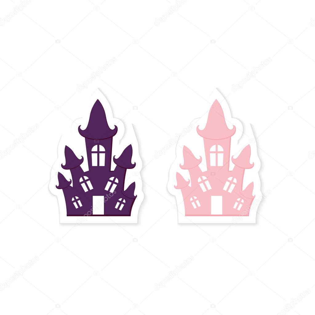 Cute Halloween Haunted House Sticker. Printable flat style icon. Traditional abandoned Witch home, Halloween House, castle. Cartoon holidays symbol isolated on white. DIY paper cut