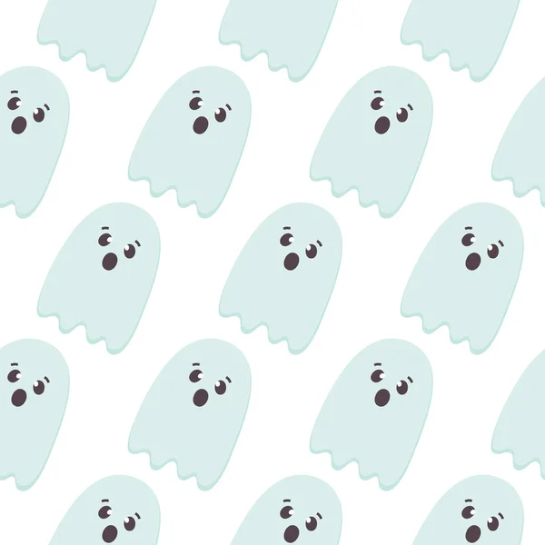 Halloween Seamless mönster av flygande spöken. Söt plantskola rum tapeter, barn bakgrund, kort. Pastellfärger skrämde tecknad karaktär isolerad på vitt. Teckningar att skriva ut — Stock vektor